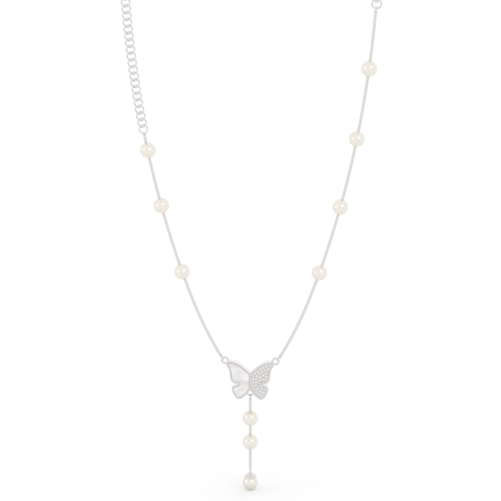 Adorable Butterfly Pearl Y Shape Necklace, Hallmarked 925 Sterling Silver
